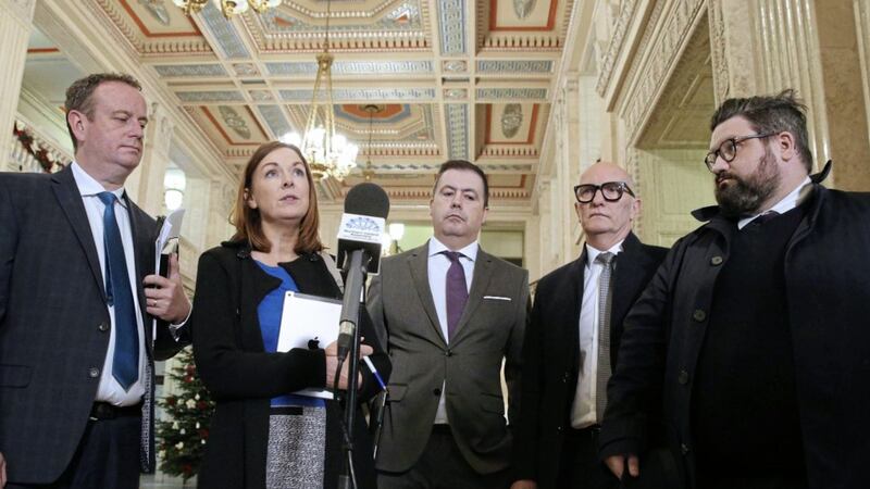 Business leaders (L-R) Stephen Kelly (Manufacturing NI), Angela McGowan (CBI), Glyn Roberts (Retail NI) , Colin Neill (Hospitality Ulster) and Aodhan Connolly (NI Retail Consortium) at Stormont. Picture by Hugh Russell 
