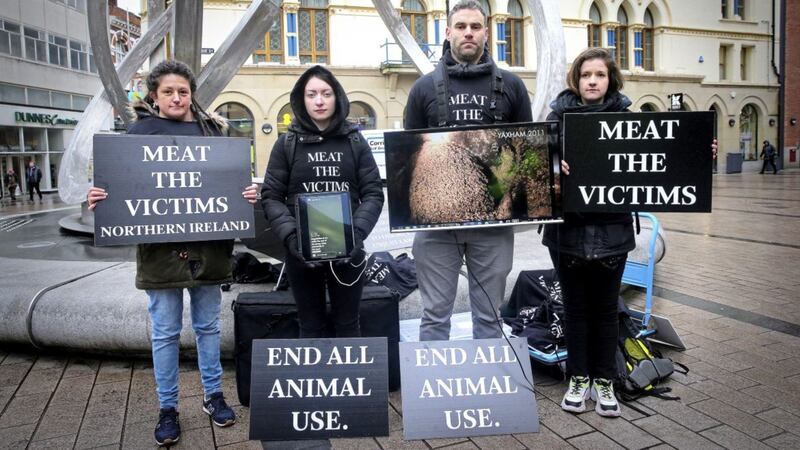Animal rights activists in Cornmarket, Belfast. Picture by Mal McCann 