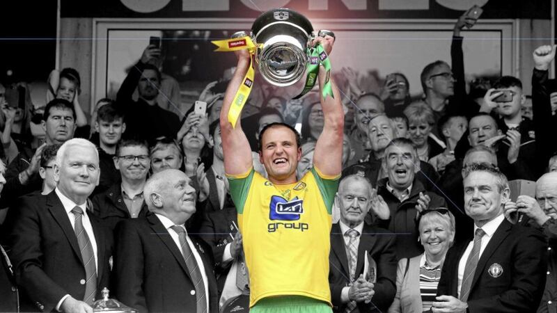 Donegal captain Michael Murphy holds up the Anglo Celt Cup. Picture by Seamus Loughran 