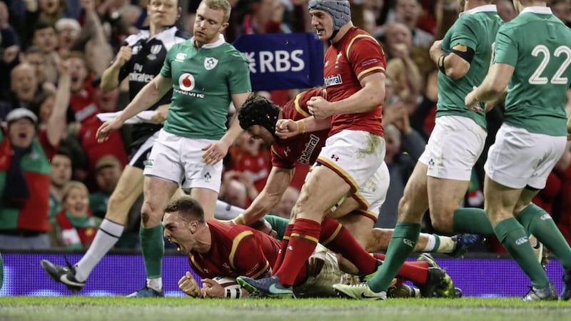 Wales's George North celebrates scoring his first try at the Principality Stadium, Cardiff