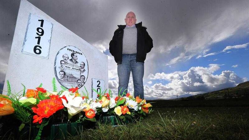 Sinn Fein councillor James McKeown at the 1916 memorial in Carnlough. Picture by Hugh Russell 