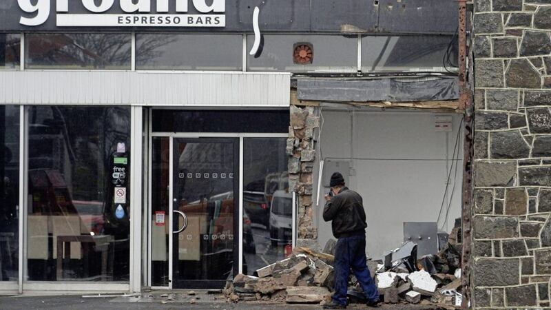 Damage caused after a cash machine was stolen in Bushmills in Co Antrim. Picture by Colm Lenaghan/Pacemaker Press. 