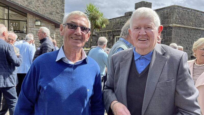 Author and former St MacNissi&#39;s pupils Denis O&#39;Hara (right) pictured with fellow past pupil Seamus McNeill at Saturday&#39;s Garron Tower event. Picture by Jude McNeill. 