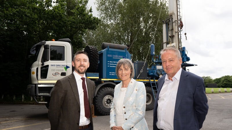 Announcing the geothermal energy scheme are Conor Lydon, NI director of Tetra Tech Europe, Marie Cowan, director at Geological Survey of Northern Ireland (GSNI) and Mike Brennan, permanent secretary at the Department for the Economy