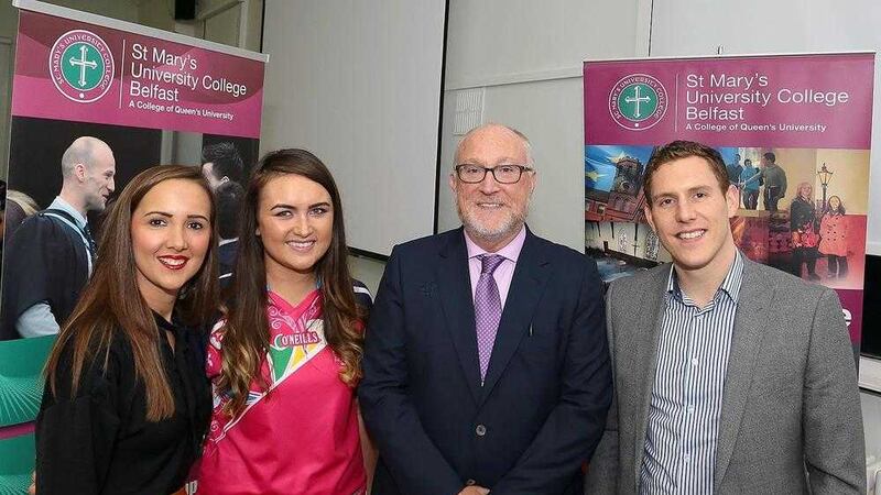 Una Kelly from the Michaela Foundation; Sarah-Jane Maskey, camp leader; Prof Peter Finn from St Mary&#39;s and John McAreavey 