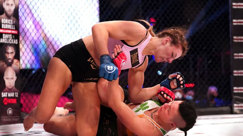 Sinead Kavanagh (right) and Leah McCourt in action during their Women's Featherweight Bout at the Bellator 275 event at  the 3Arena, Dublin<br />Picture: Brian Lawless/PA&nbsp;