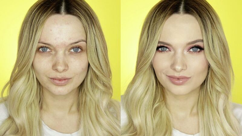 My Pale Skin blogger Em Ford, with and without make-up 