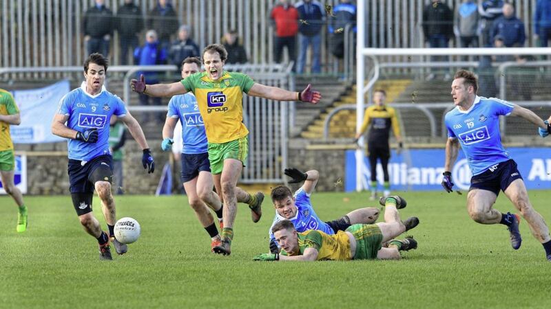 Donegal&#39;s Michael Murphy and Dublin&#39;s Michael Darragh Macauley contest possession during Sunday&#39;s Allianz Football League clash at Ballybofey Picture Margaret McLaughlin 