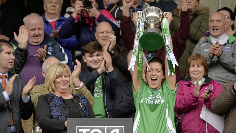 Aine McGovern of Fermanagh holds aloft the All-Ireland Junior cup after the TG4 Ladies Football All-Ireland Junior Championship Final replay between Derry and Fermanagh at St Tiernach&#39;s Park in Clones Picture by Oliver McVeigh/Sportsfile 