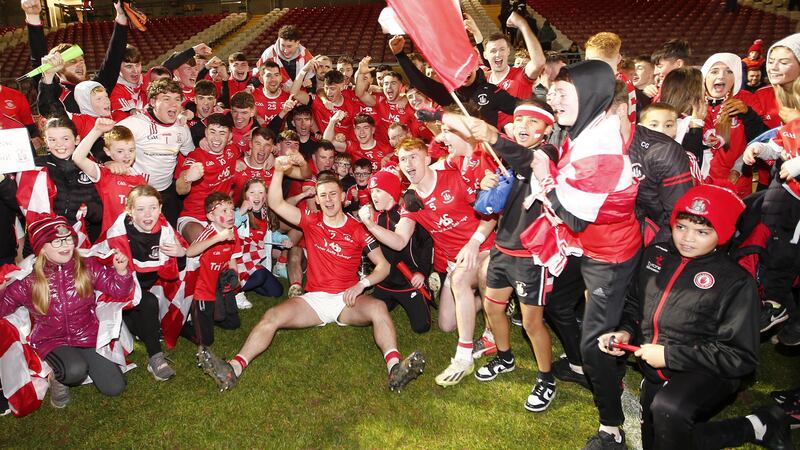 Trillick players and supporters celebrate winning the Tyrone SFC this year.