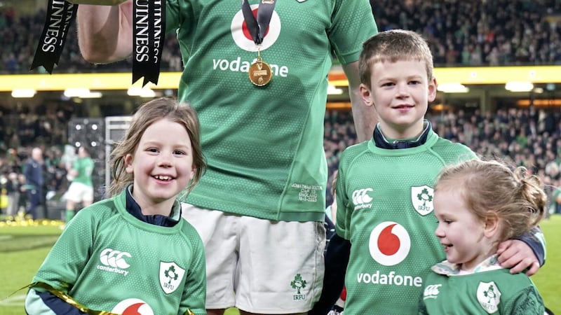 Ireland&#39;s Jonathan Sexton celebrates with family after the Guinness Six Nations match at Aviva Stadium, Dublin