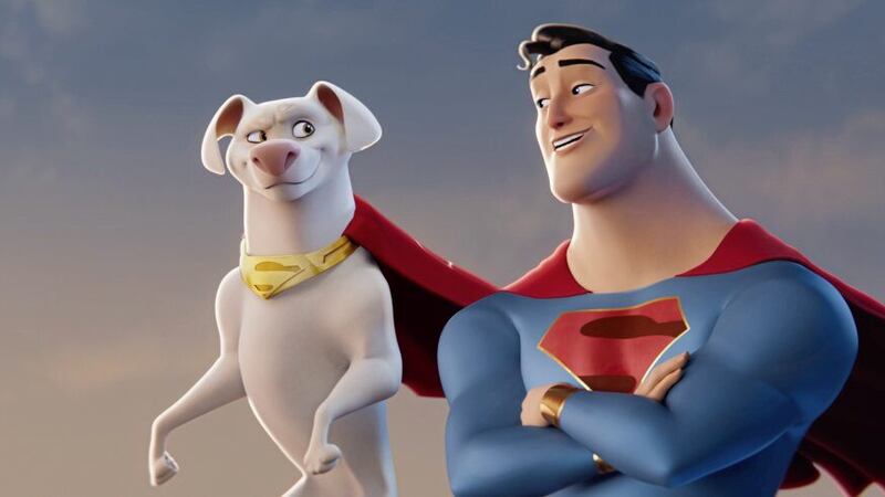 Krypto (voiced by Dwayne Johnson) and Superman (John Krasinski) 