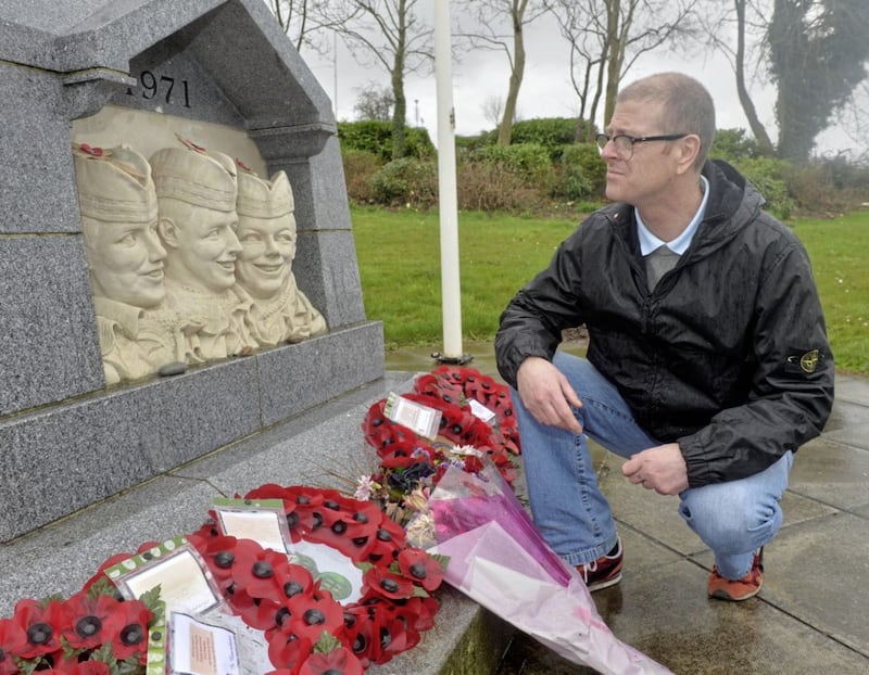 David McCaughey (Relative of Dougald McCaughey) at the monument for the three Scottish soldiers murdered in the IRA honeytrap attack in 1971. 