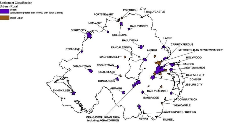 A map produced by NISRA in 2015 showing all towns in Northern Ireland, defined as areas with a population greater than 5,000 