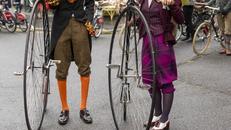 Riders gather before the start of the annual Tweed Run cycling event in London