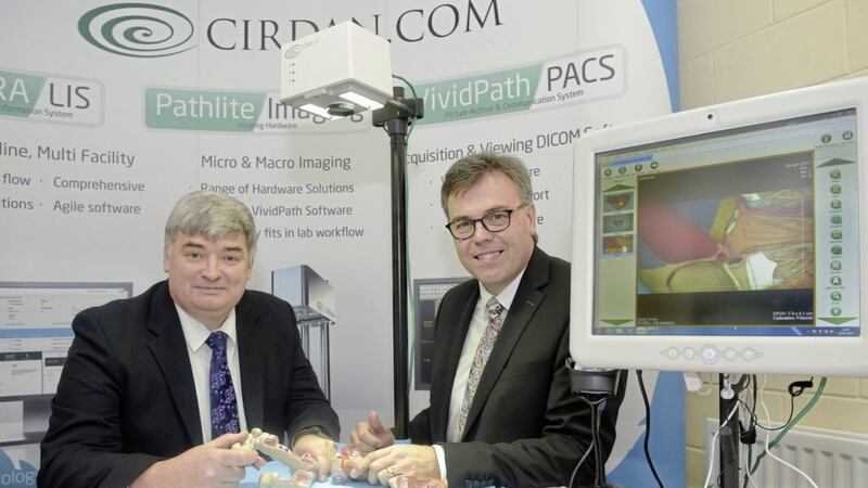 Cirdan&#39;s chief executive Dr Hugh Cormican (left) pictured with former Invest NI chief executive Alastair Hamilton. Cirdan has just completed the acquisition of Path XL 