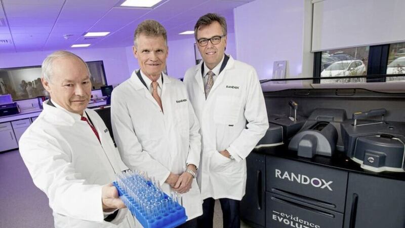 Announcing the record &pound;50 million investment at Randox are managing director, Dr Peter FitzGerald, Sir John Bell, chair of the UK Government&rsquo;s Life Sciences Industrial Strategy Board and Alastair Hamilton, chief executive of Invest NI 