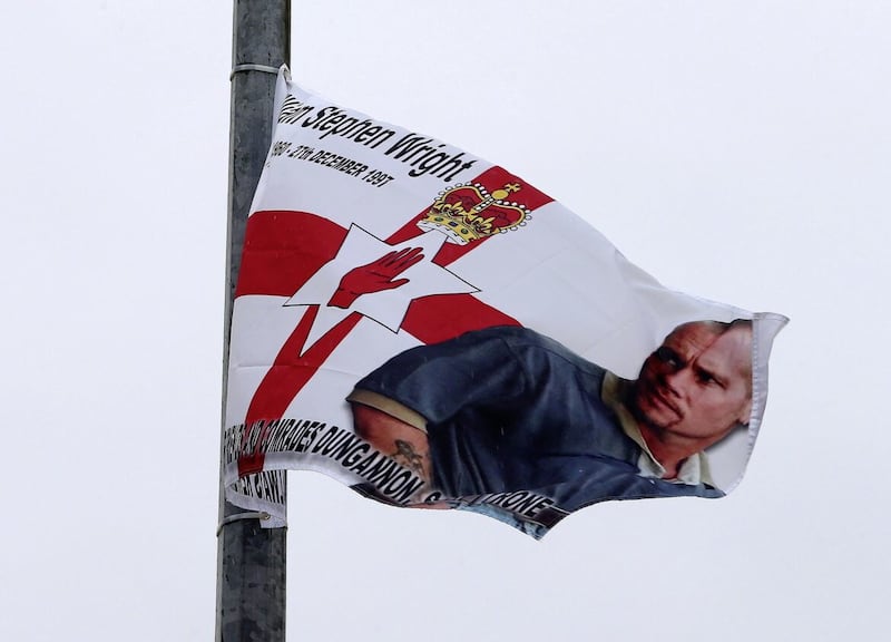 A flag with Billy Wrights image on it in Dungannon Picture Mal McCann. 