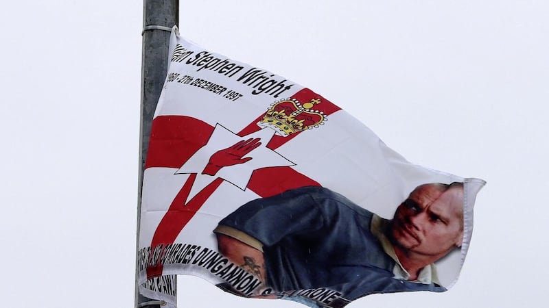 A flag with Billy Wrights image on it in Dungannon Picture Mal McCann. 