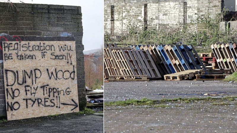 Bonfire material off Lismore Street in south-east Belfast, and right, pallets at Lanark Way in the west of the city 