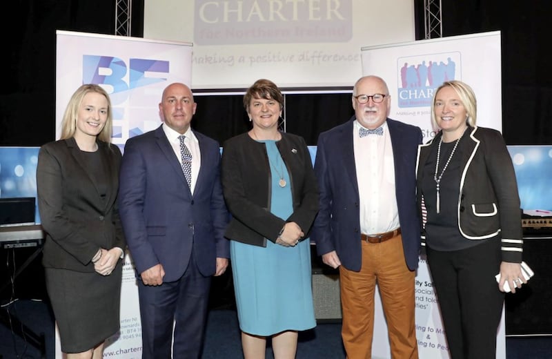 CHARTER NI: From left, DUP councillor Sharon Skillen, loyalist Dee Stitt, First Minister Arlene Foster, Charter NI chairman Drew Haire and project manager Caroline Birch.&nbsp;Mrs Foster was forced to defend &pound;1.7m of funding to the group