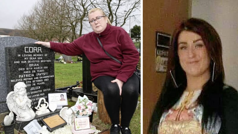 Joleen Corr (right) suffered brain injuries and was left in a coma after being attacked in December 2016. Her mother Carol is pictured visiting her grave in Belfast City Cemetery&nbsp;