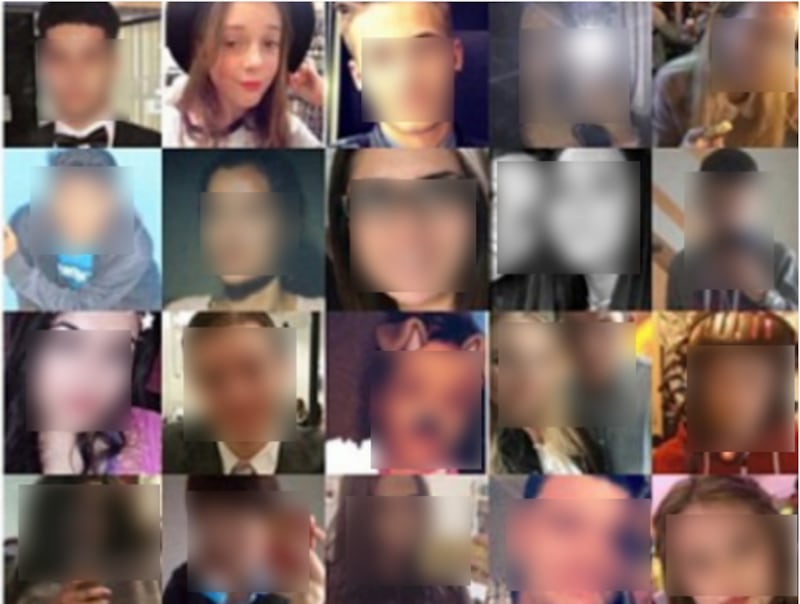 Gemma seen in the montage incorrectly bearing her image, second from top left, with the faces of other supposed victims blurred 