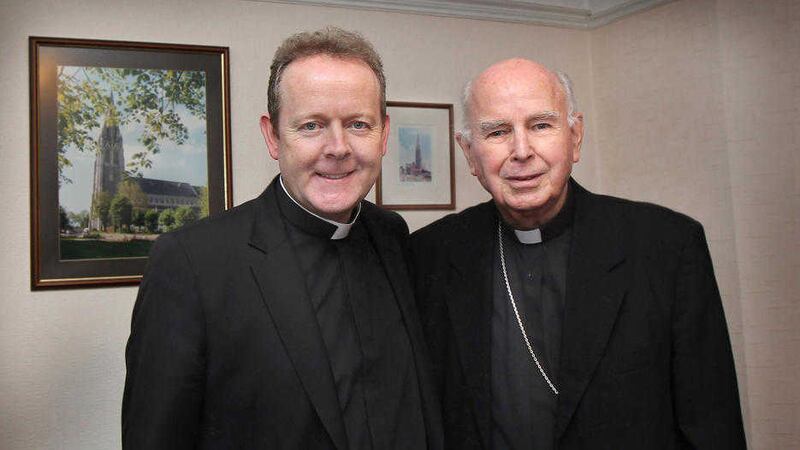 Bishop Edward Daly welcomes Monsignor Eamon Martin back to his home city it was announced that Monsignor Martin was to become Archbishop of Armagh. Picture by Margaret McLaughlin.
