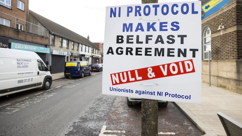 An sign in Larne, Co Antrim, protesting the Northern Ireland protocol. According to former DUP leader Peter Robinson, unionists have never felt more alienated in the past 50 years, than they do now&nbsp;