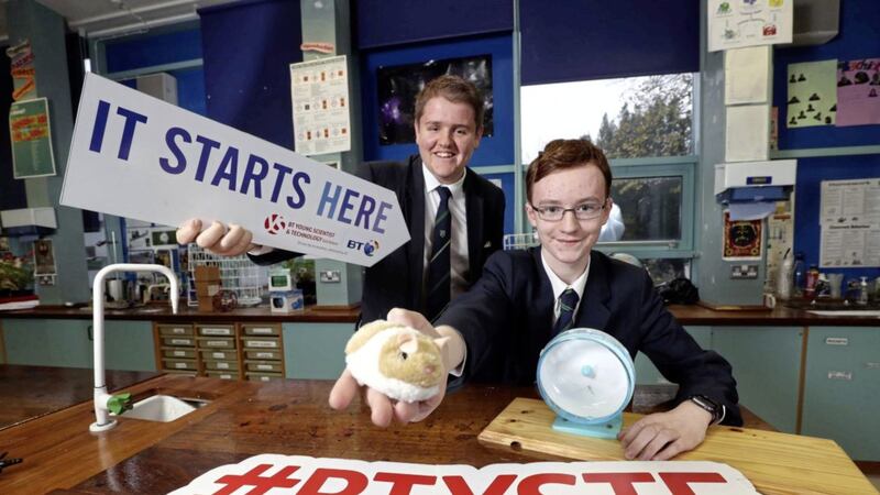 Students Ben Halligam and Jamie Martin from Fort Hill College in Lisburn are among those who have qualified as finalists of the 2018 BT Young Scientist and Technology Exhibition. Photo: William Cherry/Press Eye.com 