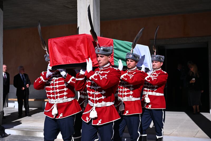 Bulgarian military personnel carried the coffin with the remains of medieval ruler Tsar Samuel during a handover ceremony in Thessaloniki (AP)