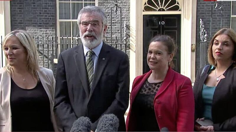 The Sinn F&eacute;in delegation outside Number 10 Downing Street 