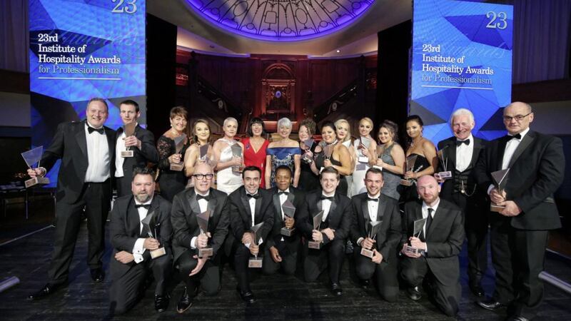 The main winners combine for a group shot after the 23rd IOH Awards in Titanic Belfast. Photos: Kelvin Boyes/Press Eye 