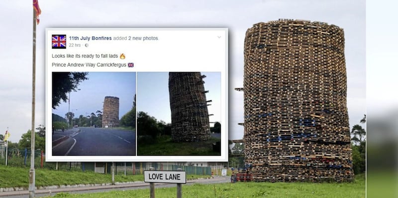The bonfire is under construction on a grass verge beside Prince Andrew Way in Carrickfergus 