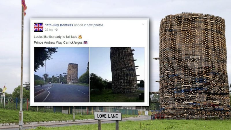 The bonfire is under construction on a grass verge beside Prince Andrew Way in Carrickfergus 