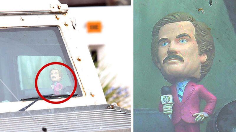 One of the Ron Burgundy&nbsp;bobbleheads inside a PSNI Land Rover. Picture by&nbsp;Mal McCann