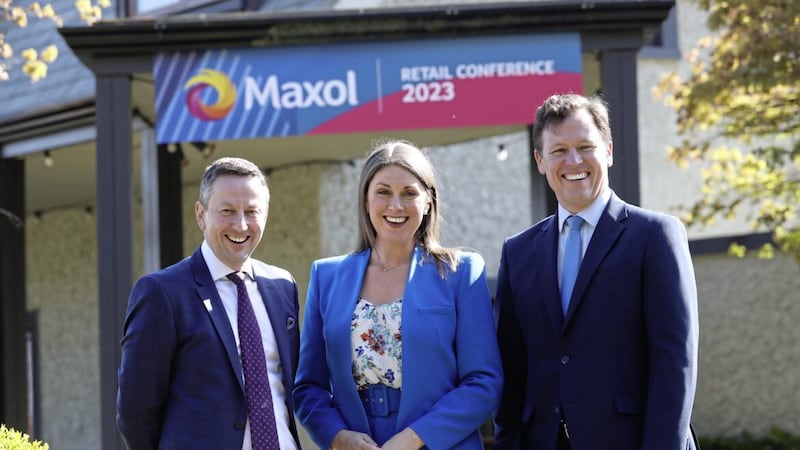 L-R: Maxol chief executive Brian Donaldson with Sarah Travers and Anton Savage, who hosted the 2023 Maxol Retail Conference at The K-Club on Thursday. 
