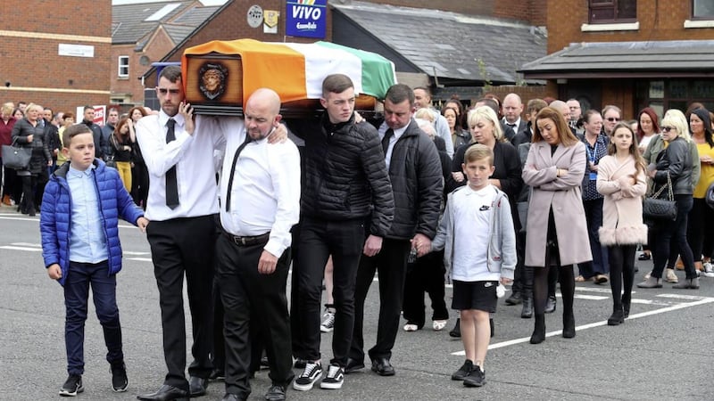 Brendan Duffy&#39;s coffin is carried to Sacred Heart Church on Oldpark Road in Belfast. Picture by Mal McCann 