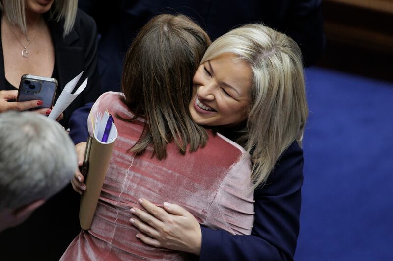 Behind the scenes at Stormont as Sinn Fein Vice President Michelle O’Neill is embraced by party colleague Caoimhe Archibald as she becomes Northern Ireland’s first nationalist First Minister. A “historic day” has been hailed as devolved government is expected to return in Northern Ireland. Picture date: Saturday February 3, 2024. PA Photo. See PA story ULSTER Stormont. Photo credit should read: Liam McBurney/PA Wire