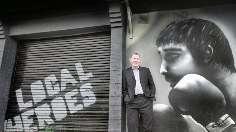 Derry boxing Legend Charlie Nash beside the mural in his native Creggan. Picture Margaret McLaughlin 13-4-2018 