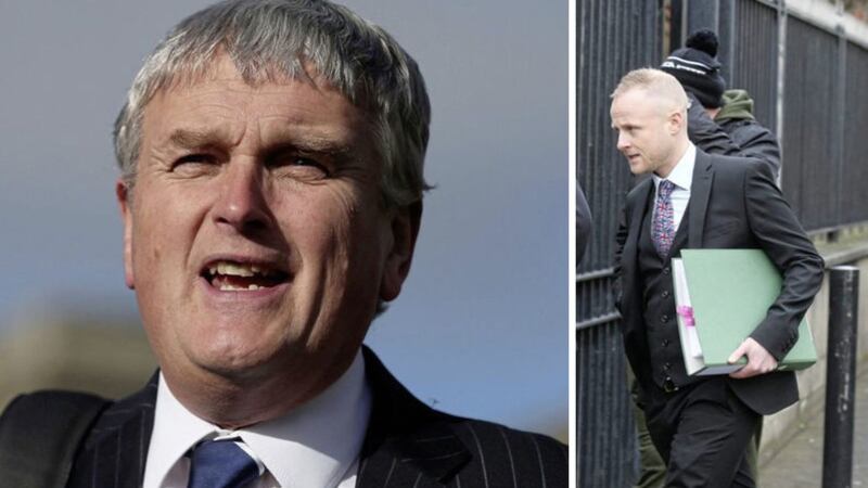 Former health minister Jim Wells (left) and Jamie Bryson arriving at court yesterday <br />&nbsp;
