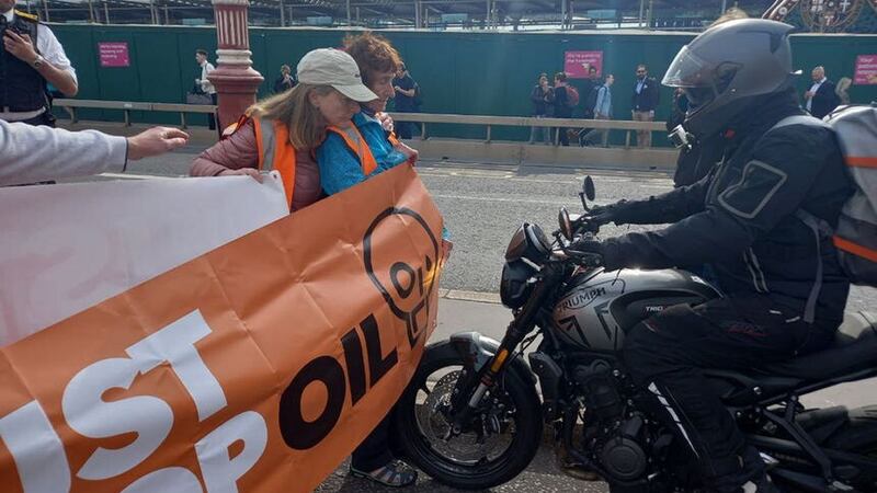 A motorcyclist tried to drive through the group of demonstrators (Just Stop Oil/PA)