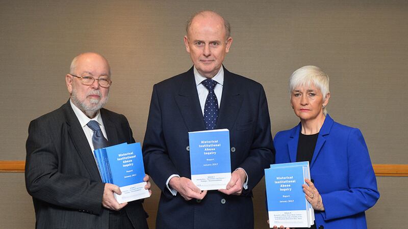 Retired High Court judge Sir Anthony Hart (centre) at the conclusion of the Historical Institutional Abuse inquiry in Northern Ireland with Geraldine Doherty (right, Who was formerly Head of the Central Councillor education and training Social work in Scotland) and David Lane CBE , (left, Who was formerly Director of Social services in Wakefield)&nbsp;