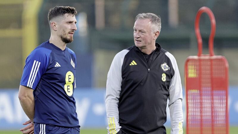 Craig Cathcart (left), who will captain Northern Ireland against San Marino on Thursday night, alongside manager Michael O&#39;Neill at training in the Stadio Olimpico di San Marino. Photo by William Cherry/Presseye 