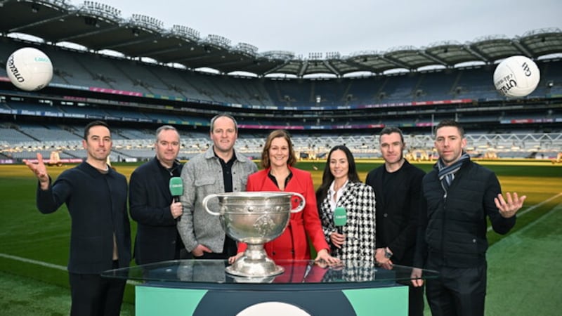 In attendance at the 2024 GAAGO match schedule launch at Croke Park in Dublin are, from left, Aaron Kernan, GAAGo commentator Mike Finnerty, Michael Murphy, GAAGo Host Gráinne McElwain, GAAGo sideline reporter Aisling O'Reilly, Paddy Andrews and Marc Ó Sé. Fans can avail of 38 exclusive matches in Ireland for €69 up until December 31st". Photo by Sam Barnes/Sportsfile