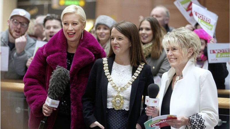 Loose Women presenters Denise Van Outen, left, and Gloria Hunniford, right, were joined by Belfast lord mayor Nuala McAllister at Victoria Square. Picture by Hugh Russell 
