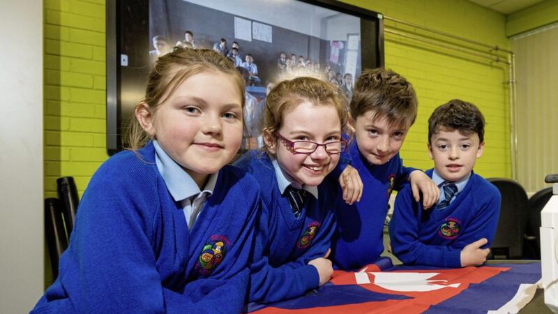 Abbie Holmes, Aobh Nolan, Conall Grant and Liam McParland from St Mary&#39;s PS Mullaghbawn enjoy learning about life in Nepal 