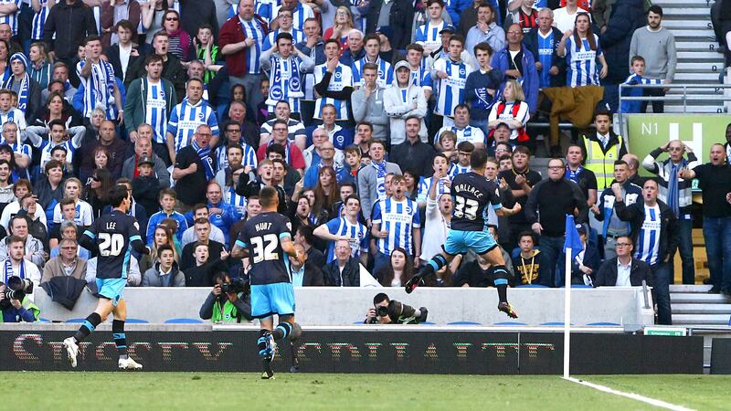 Sheffield Wednesday's Ross Wallace celebrates scoring in Monday's Sky Bet Championship play-off second-leg against Brighton at the Amex Stadium<br />Picture by PA