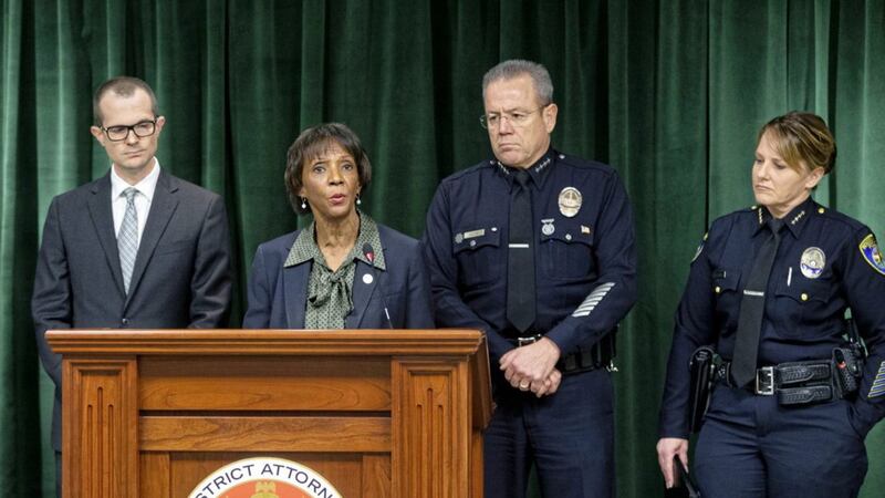 Los Angeles County District Attorney Jackie Lacey announces that Harvey Weinstein has been charged with sexually assaulting two women on successive nights during Oscar week in 2013. Picture by Damian Dovarganes/AP