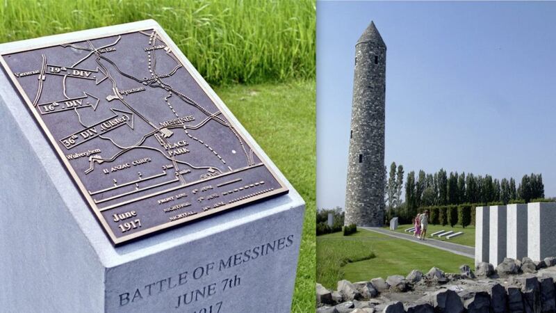 A bronze plaque, left, showing an overview of the attack and, right, the replica round tower, both in the Island of Ireland Peace Park in Messines, Belgian Flanders 